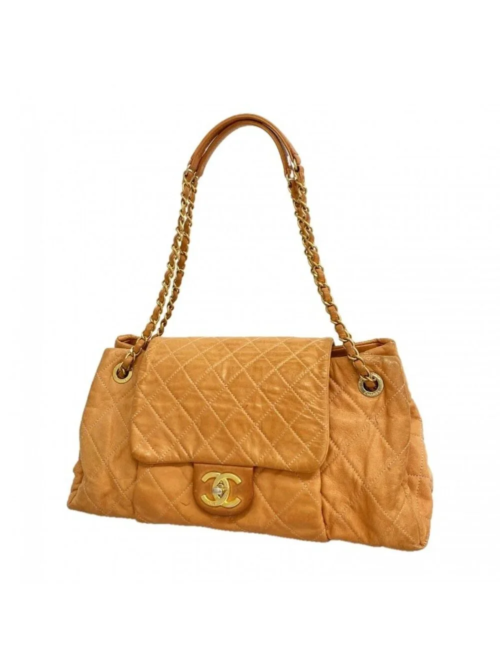 Chanel Shoulder Bag Quilted Leather Orange Gold